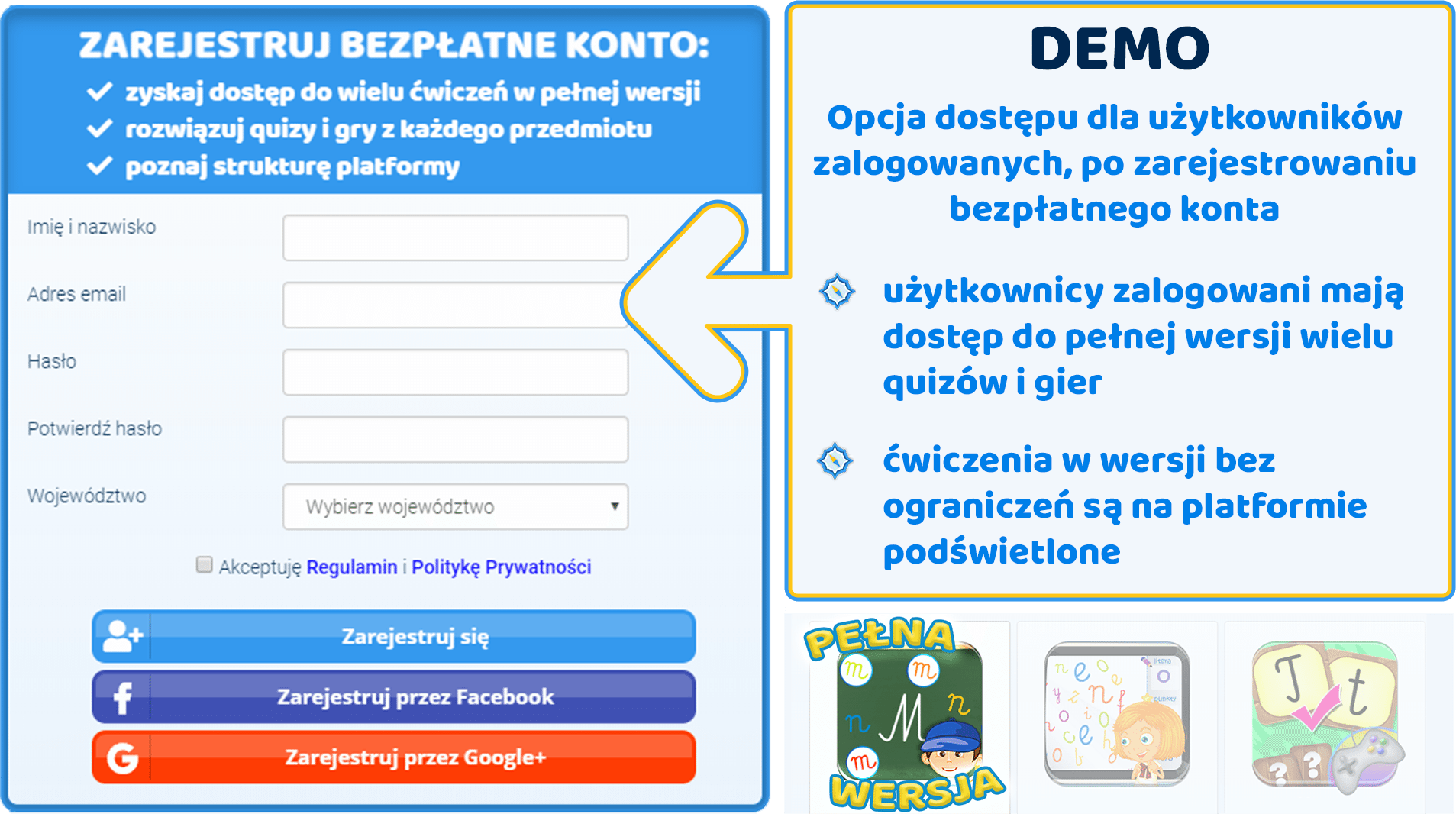 Obraz przedstawiający możliwości korzystania z platformy ZdobywcyWiedzy.pl przez użytkownika po zarejestrowaniu bezpłatnego konta