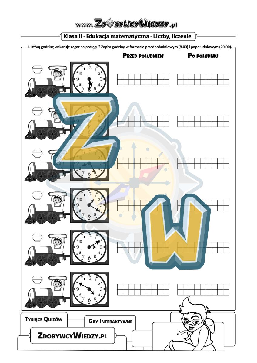 Zdobywcy Wiedzy - karta pracy pdf - Ćwiczenia z zegarem na dworcu kolejowym (strona 1)