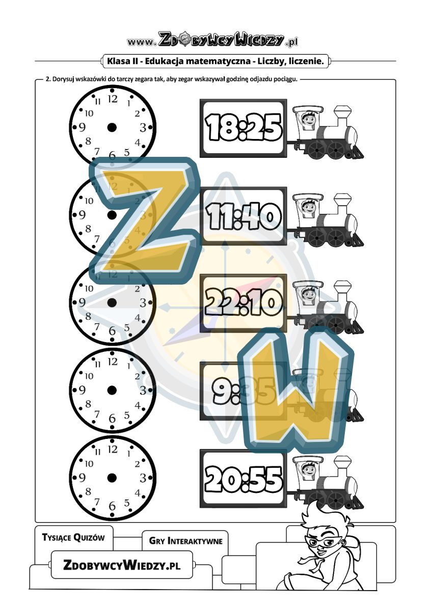 Zdobywcy Wiedzy - karta pracy pdf - Ćwiczenia z zegarem na dworcu kolejowym (strona 2)