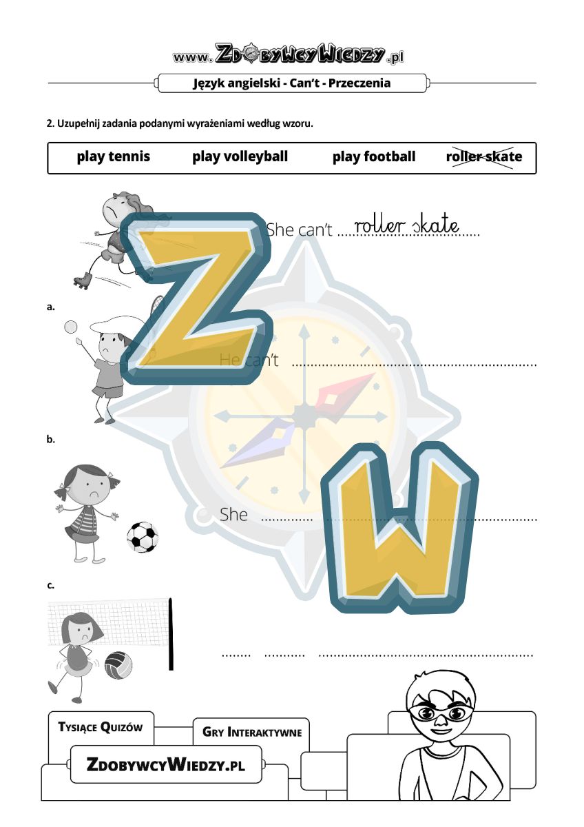 Zdobywcy Wiedzy - karta pracy pdf - Can't + czynności sportowe (strona 2)