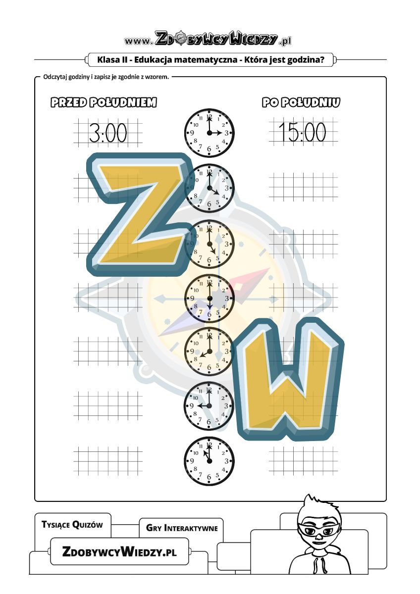 Zdobywcy Wiedzy - karta pracy pdf - Odczytywanie godzin na zegarze tarczowym (strona 1)