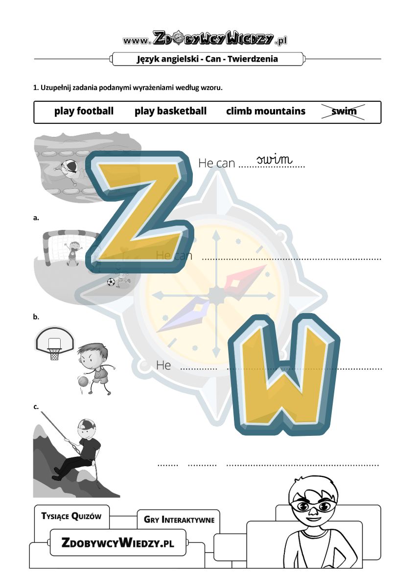 Zdobywcy Wiedzy - karta pracy pdf - Can + aktywności sportowe (strona 1)