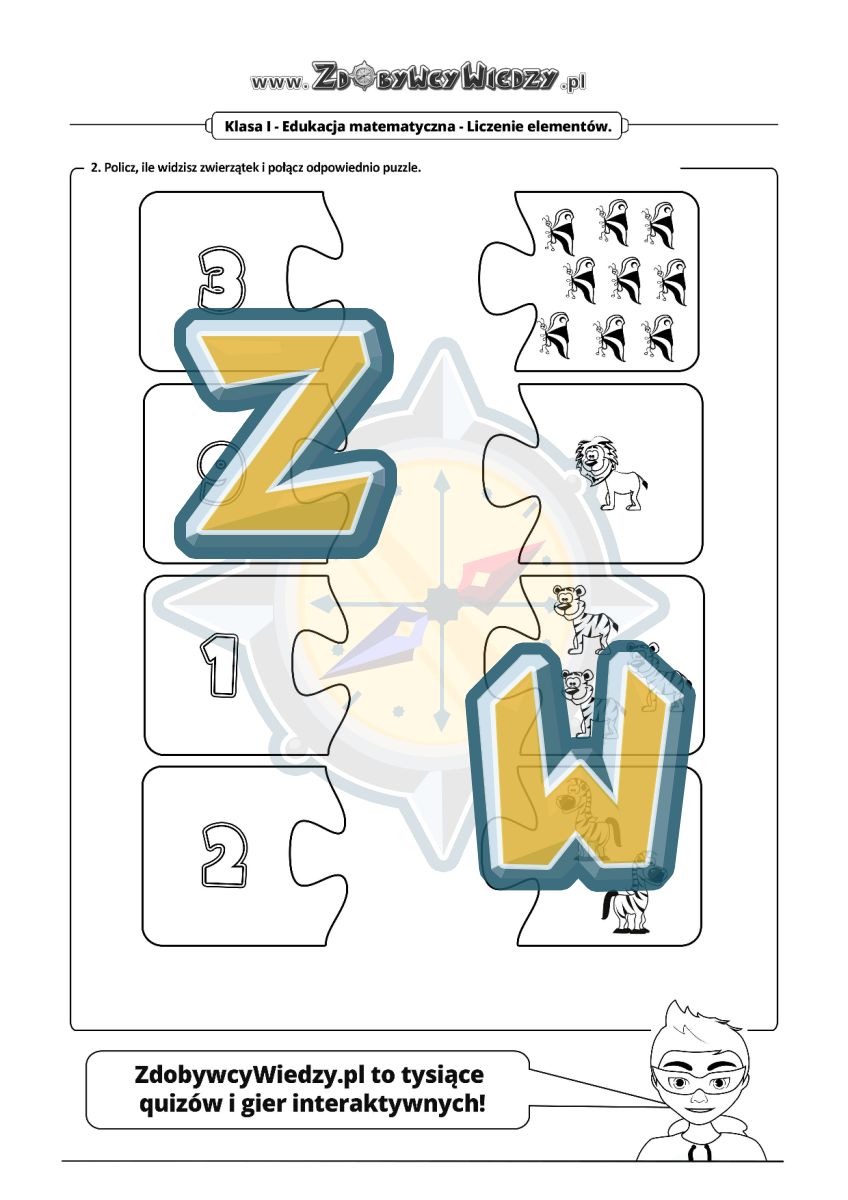 Zdobywcy Wiedzy - karta pracy pdf - Puzzle, rysowanie i liczenie (strona 2)