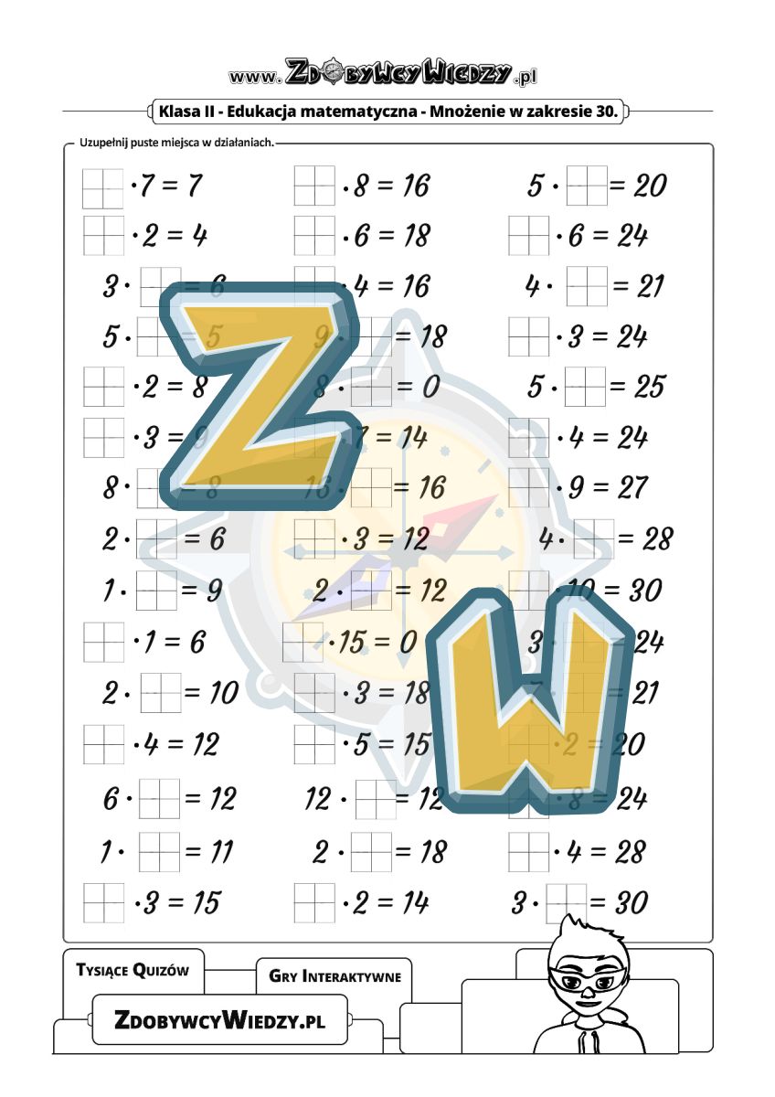 Zdobywcy Wiedzy - karta pracy pdf - Działania na mnożenie z okienkiem (strona 1)