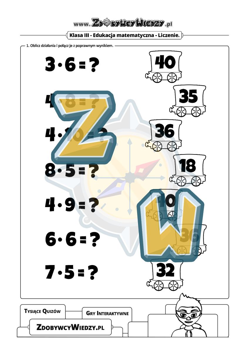 Zdobywcy Wiedzy - karta pracy pdf - Ćwiczenie na tabliczkę mnożenia do 50 (strona 1)