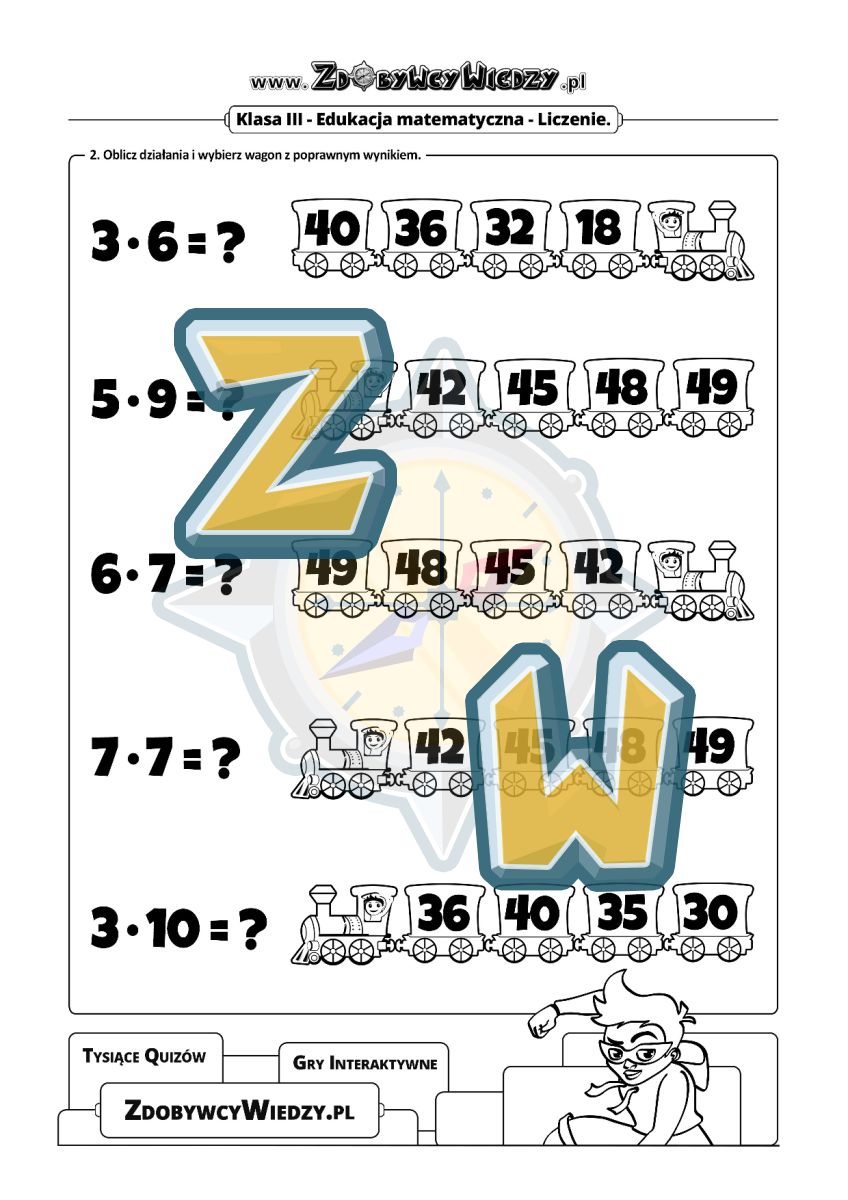 Zdobywcy Wiedzy - karta pracy pdf - Ćwiczenie na tabliczkę mnożenia do 50 (strona 2)