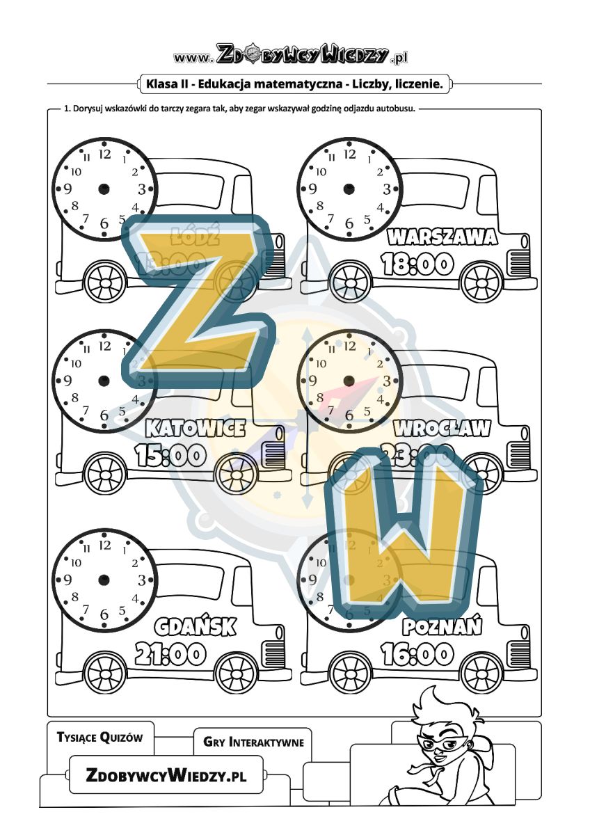 Zdobywcy Wiedzy - karta pracy pdf - Zegary na dworcu autobusowym (strona 1)