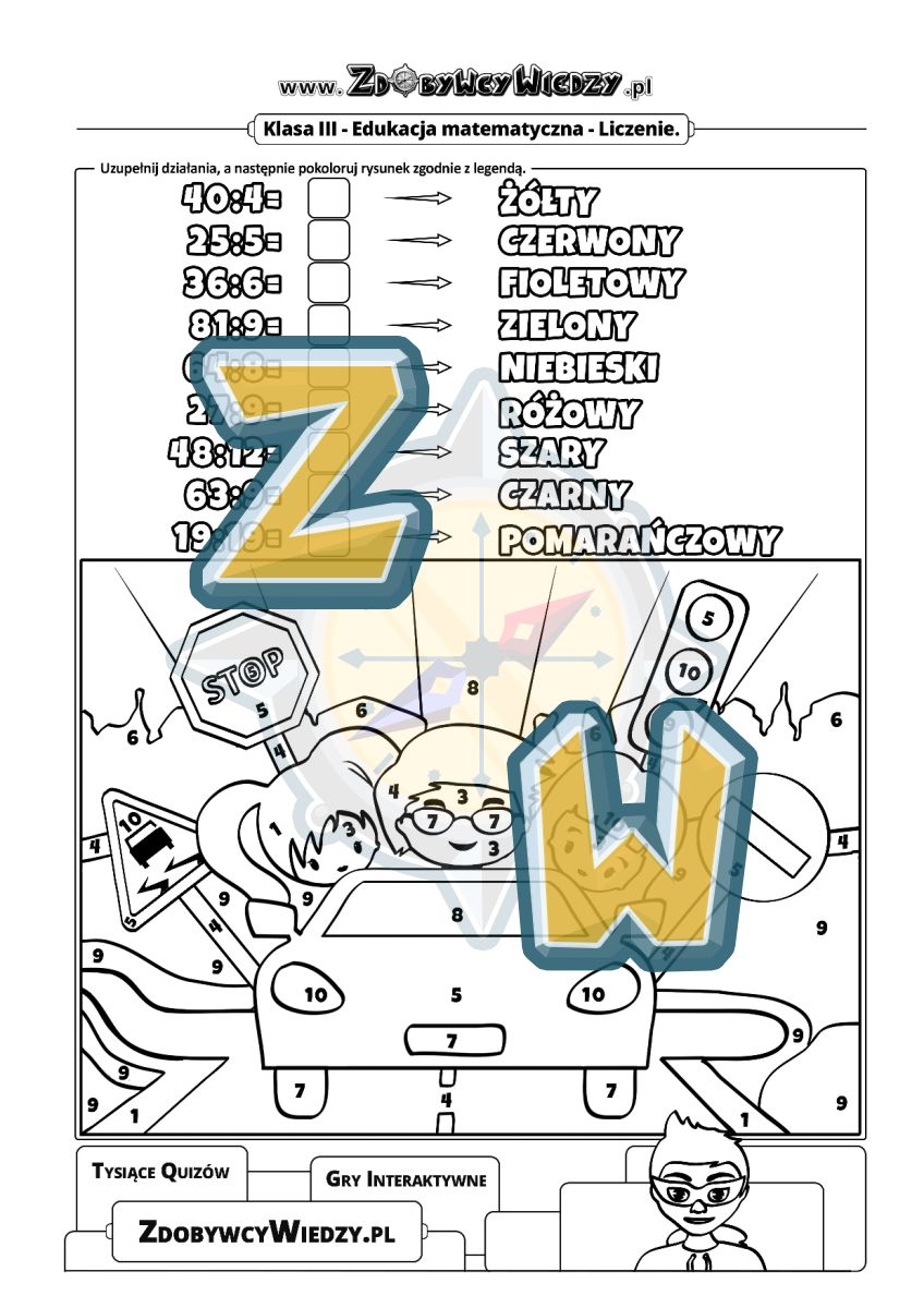 Zdobywcy Wiedzy - karta pracy pdf - Dzielenie i kolorowanie (strona 1)