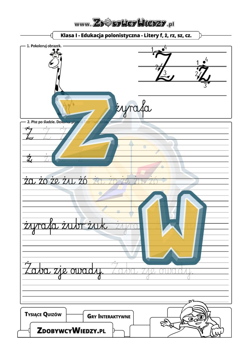 Zdobywcy Wiedzy - karta pracy pdf - Skuteczna i łatwa nauka pisania czcionką szkolną (strona 1)
