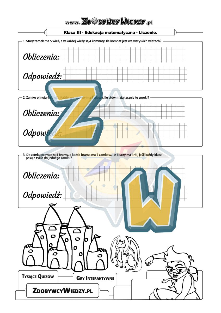 Zdobywcy Wiedzy - karta pracy pdf - Matematyczne zadania z treścią w 3 klasie (strona 1)